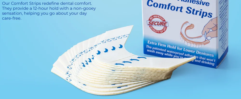 Secure Comfort Strips Waterproof Denture Adhesive - Zinc Free - Extra Firm Hold For Lower Dentures - 15 Count (Pack of 2) - Comfort Strips 2