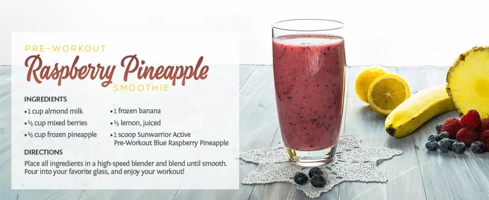 Sunwarrior Pre Workout Powder Energy Drink | Vegan Plant-Based Pre-Workout Supplement | Pump Hydrate Focus Endurance & Strength Builder | Yuzu Mango Flavored | 30 Servings | Active Preworkout - A recipe for Pre-Workout Raspberry Pineapple Smoothie with Sunwarrior Sport Active Pre-Workout