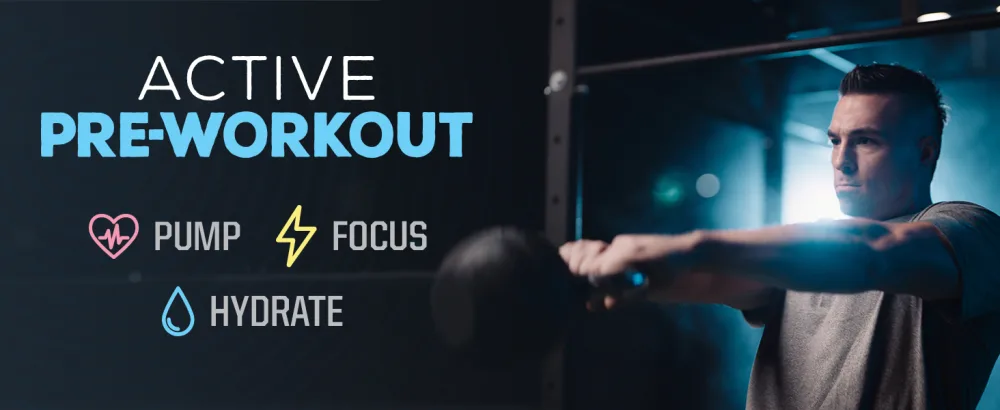 Sunwarrior Pre Workout Powder Energy Drink | Vegan Plant-Based Pre-Workout Supplement | Pump Hydrate Focus Endurance & Strength Builder | Yuzu Mango Flavored | 30 Servings | Active Preworkout - Man doing kettle bell exercise with icons showing the benefits of Sunwarrior Active Pre-Workout