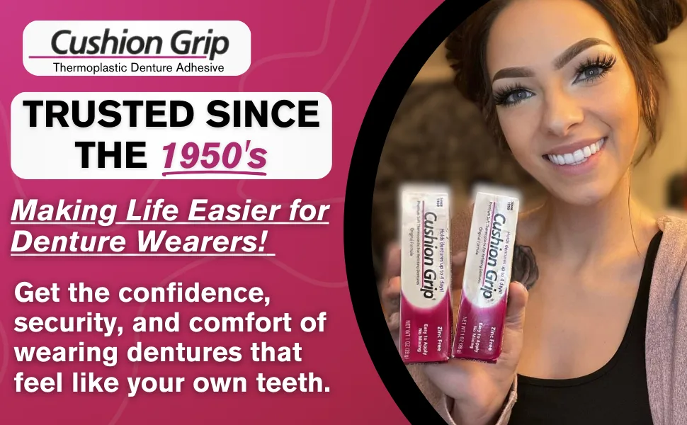 Cushion Grip Thermoplastic Denture Adhesive 1 oz - Secure Loose-Fitting Upper and Lower Dentures and Partials | Non-Glue Adhesive Acts Like a Soft Reliner (Pack of 10) - Cushion Grip for dentures makes life easier for denture wearers! Get confidence, security, & comfort
