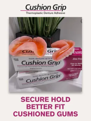 Cushion Grip Thermoplastic Denture Adhesive 1 oz - Secure Loose-Fitting Upper and Lower Dentures and Partials | Non-Glue Adhesive Acts Like a Soft Reliner (Pack of 10) - Cushion Grip for dentures offers a secured hold, better fit and cushioned gums. Like a reline kit.