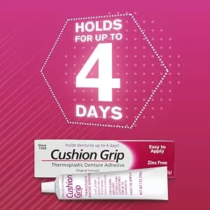 Cushion Grip Thermoplastic Denture Adhesive 1 oz - Secure Loose-Fitting Upper and Lower Dentures and Partials | Non-Glue Adhesive Acts Like a Soft Reliner (Pack of 10) - Cushion Grip holds dentures for up to 4 days. Denture liners for uppers and Lower denture stabilizer