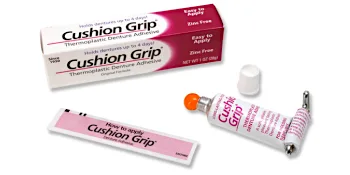 Cushion Grip Thermoplastic Denture Adhesive 1 oz - Secure Loose-Fitting Upper and Lower Dentures and Partials | Non-Glue Adhesive Acts Like a Soft Reliner (Pack of 10) - Cushion Grip Thermoplastic Adhesive Tube, Paper Instruction Inserts and Dispensing Key for snug fit