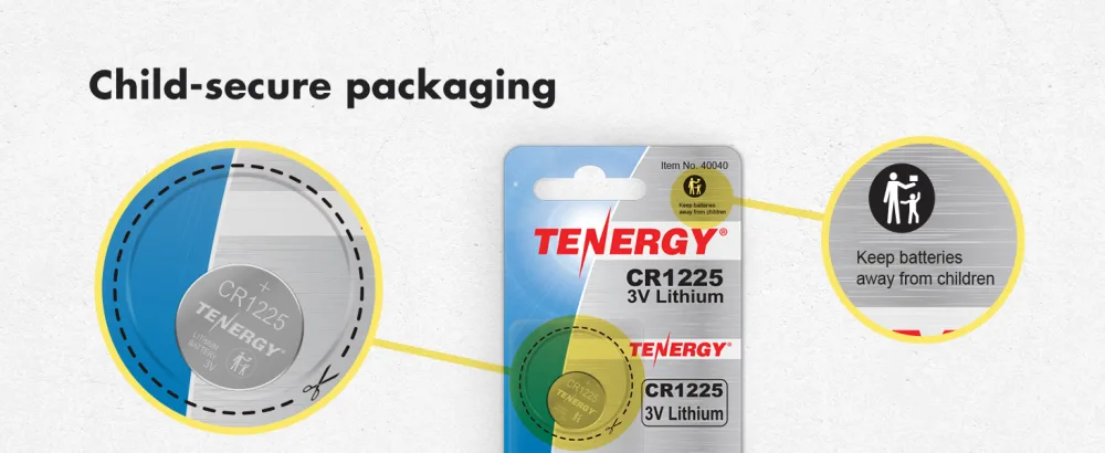 Tenergy 3 Volt Battery CR1225 Button Cell Batteries Ideal for Thermometers Key Fobs Laser Pointers Medical Devices Calculators and More 5 Pack 5 Pcs - Child-secure packaging, keep batteries away from children