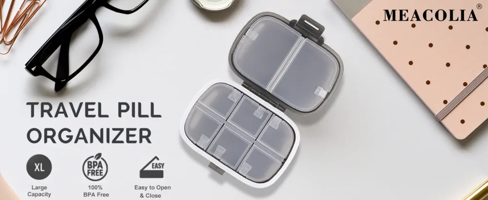 MEACOLIA Travel Pill Organizer Portable Daily Pill Box Case with Easy Open Design and 8 Compartments to Hold Vitamins Cod Liver Oil Medicines Supplements (Clear Black) - product information 1