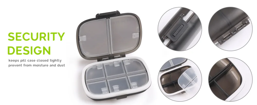 MEACOLIA Travel Pill Organizer Portable Daily Pill Box Case with Easy Open Design and 8 Compartments to Hold Vitamins Cod Liver Oil Medicines Supplements (Clear Black) - product information 2