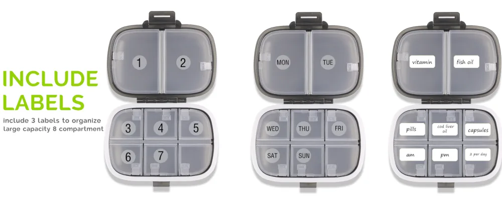 MEACOLIA Travel Pill Organizer Portable Daily Pill Box Case with Easy Open Design and 8 Compartments to Hold Vitamins Cod Liver Oil Medicines Supplements (Clear Black) - product information 3