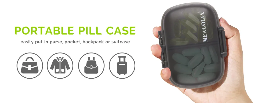 MEACOLIA Travel Pill Organizer Portable Daily Pill Box Case with Easy Open Design and 8 Compartments to Hold Vitamins Cod Liver Oil Medicines Supplements (Clear Black) - product information 6
