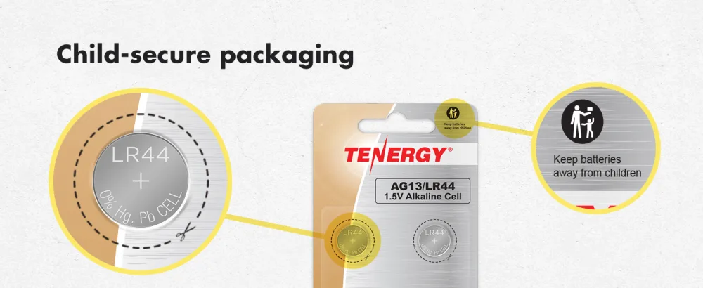 Tenergy 1.5 Volt Battery LR44 Button Cell LR44 ag13/LR44 Batteries Equivalent Ideal for Watches Laser Pointers Small Toys Portable Electronics and More 20 Pack - Child-secure packaging, keep batteries away from children