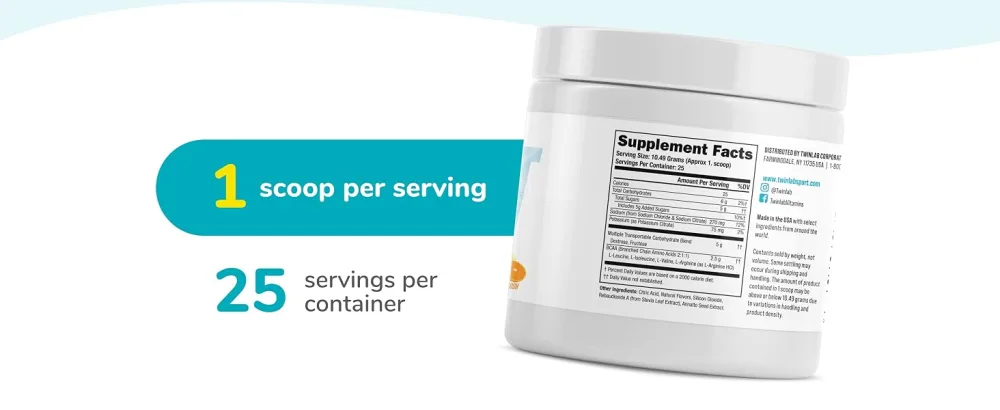 Twinlab Sport Hydration - Natural Electrolyte Powder Drink Mix to Support Hydration - Includes BCAA s L-Arginine Astaxanthin & Carbohydrates - Orange Rush 9.25 oz 25 Servings - product information 7