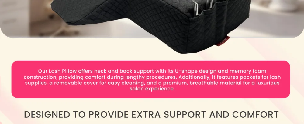 Pillow For Eyelash Extensions (2 Pillows Bundle) - Curved Memory Foam Lash Bed Pillow With Neck & Back Support Perfect Pillow For Eyelash Extensions Two Pockets For Tools On The Sides (Black) - almohadas para poner pestañas extention pullow lashing lashe cover tech eyelashpillow almohada pink
