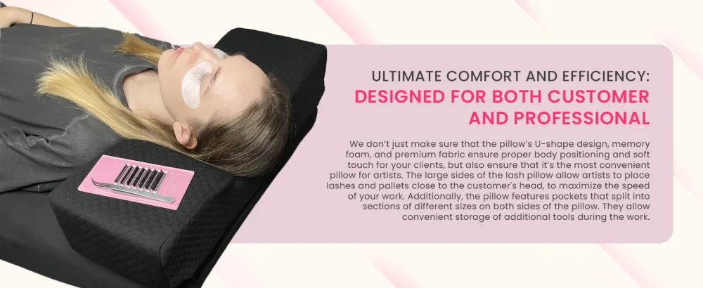 Pillow For Eyelash Extensions (2 Pillows Bundle) - Curved Memory Foam Lash Bed Pillow With Neck & Back Support Perfect Pillow For Eyelash Extensions Two Pockets For Tools On The Sides (Black) - lashextension organizers storage sheets cloud purple shelf ergonomic chairs beauty cushion curved