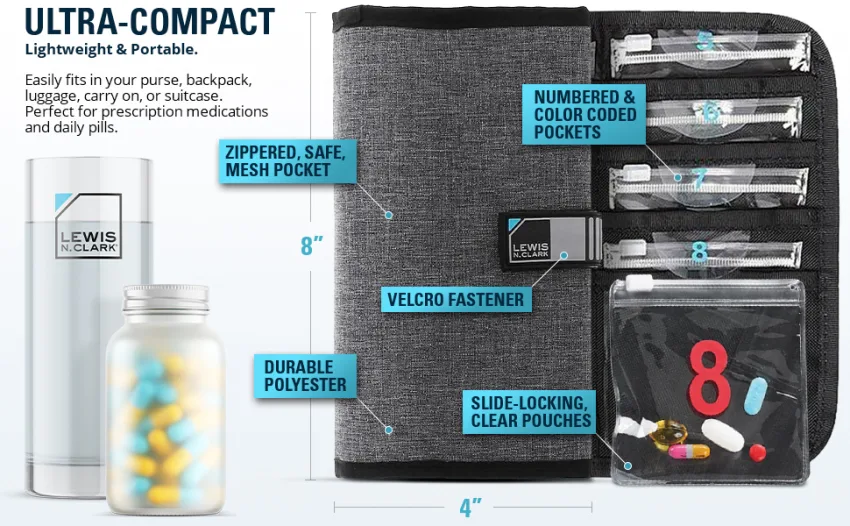 Lewis N. Clark AM/PM Folding Pill Organizer + Supplement Case for OTC Medicine 16 Slot Black - lightweight ultra compact small convenient pouch for everyday use loop and hook closure durable