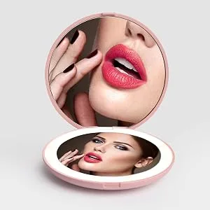 LED Travel Makeup Mirror, 3.5 inch Lighted Compact Mirror, 10X Magnification, Handheld, Double Sided, Portable Folding Mirror for Pocket, Purse, Gift, Pink, Round - led magnify mirror