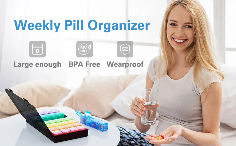 Large Weekly Pill Organizer 4 Times a Day, Barhon 7 Days Pill Boxes with Dust-Proof Container, Big Letters Medicine Organizer Case for Vitamin Fish Oil Supplement(Rainbow) Multi-colored - weekly
