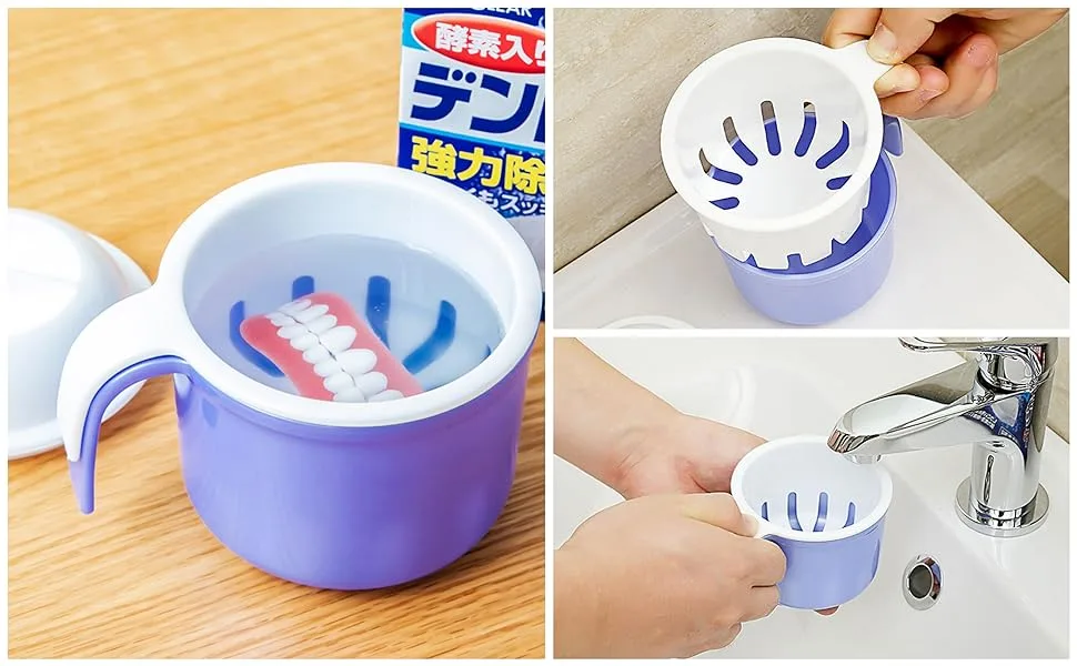 Large Denture Cup, False Teeth Bath Cup with Strainer and Lid for Soaking Dentures or Storing Pacifier, Capacity 10.6 Oz 1 Count (Pack of 1) - Denture Bath Case