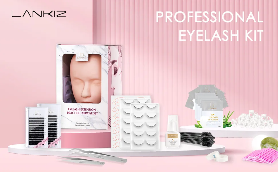 LANKIZ Eyelash Extension Kit with Mannequin Head Practice Exercise Set Training Lash Extension Supplies for Beginners Include Individual Lashes Glue Tweezers and Training Lashes THEADKIT - EYELASH EXTENSION KIT