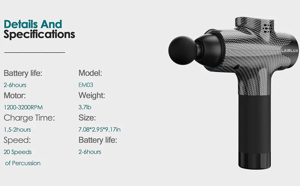 LAIRLUX Massage Gun - Deep Tissue Massager Gun for Muscle Fatigue Relief - Percussion Massage Gun - Model EM-03 (Black) - product information 5