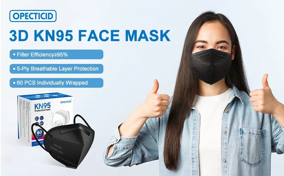 KN95 Face Mask 60 PCS, OPECTICID KN95 Masks Black Individually Wrapped Breathable 5-Layer Filter Efficiency95% Certified Disposable Face Masks - product information 1