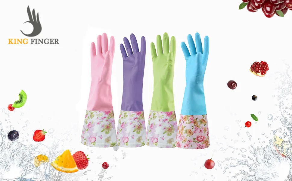 KINGFINGER Rubber Latex Waterproof Dishwashing Gloves,2 Pair Medium Long Cuff Flock Lining Household Cleaning Gloves Medium (Pack of 2) - product information 1