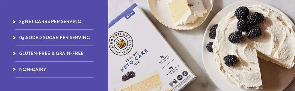 King Arthur Baking Keto Cake Mix, Yellow, 2g Net Carbs 0g Added Sugar Per Serving, Low Carb & Keto Friendly, 9oz, White - 2g net carbs per serving, 0g added sugar per serving, gluten-free & grain-free, non-dairy