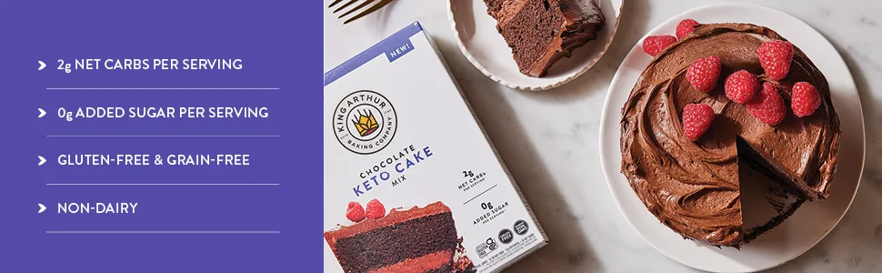 King Arthur Baking Keto Cake Mix, Chocolate, 2g Net Carbs 0g Added Sugar Per Serving, Low Carb & Keto Friendly, 9.25oz, White - 2g net carbs per serving, 0g added sugar per serving, gluten-free and grain-free, non-dairy