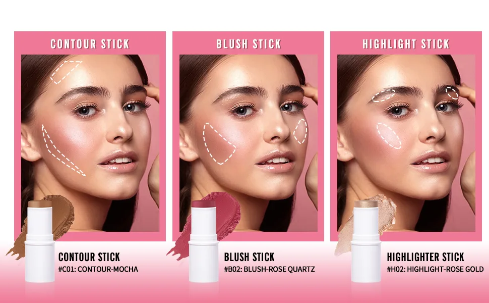 KIMUSE Multi Stick Trio Face Makeup, Cream Blush Stick for Cheeks & Lips, Contour Stick & Highlighter Makeup Sticks for All Skin Quartz Rose Trio - Multi Stick Trio