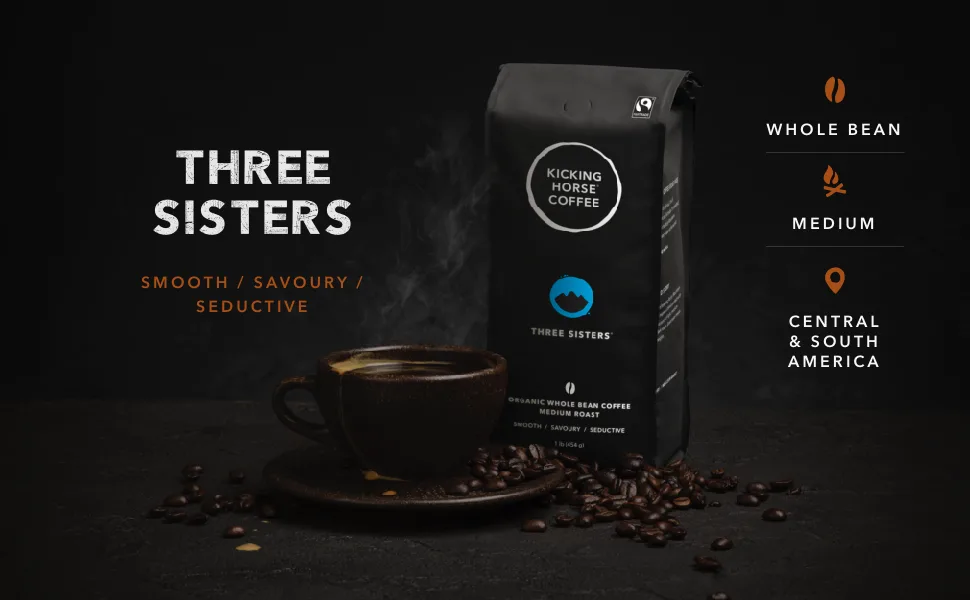 Kicking Horse Coffee, Three Sisters, Medium Roast, Whole Bean, 10 Oz - Certified Organic, Fairtrade, Kosher Coffee - Kicking horse coffee Three sisters Medium Roast Coffee Organic Coffee Fairtrade Coffee Best Coffee