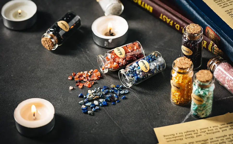 KHOCOEE 12 Different Gemstone Bottles Chip Crystals and Healing Stone, Chakra Healing Crystals Bottles, Wicca Gem Stones Set, Witchcraft Crystals 1 Set - product information 2