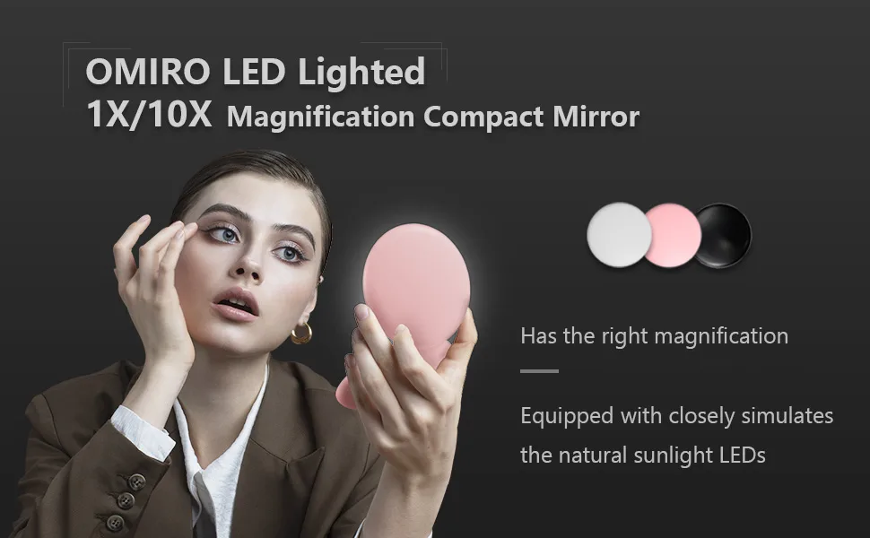 OMIRO LED Lighted Compact Mirror 8.9 cm Mini 1x/10x Magnification Ideal for Daylight Travel Makeup Mirror for Purses (Pink) - LED lighted mirror