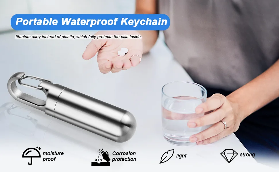 Keychain Pill Holder, Small Pocket Pill Case for Purse,Titanium Waterproof Travel Pill Box for Outdoor Camping Polished Grey-small Pill Case - Emergency Aspirin & Nitroglycerin