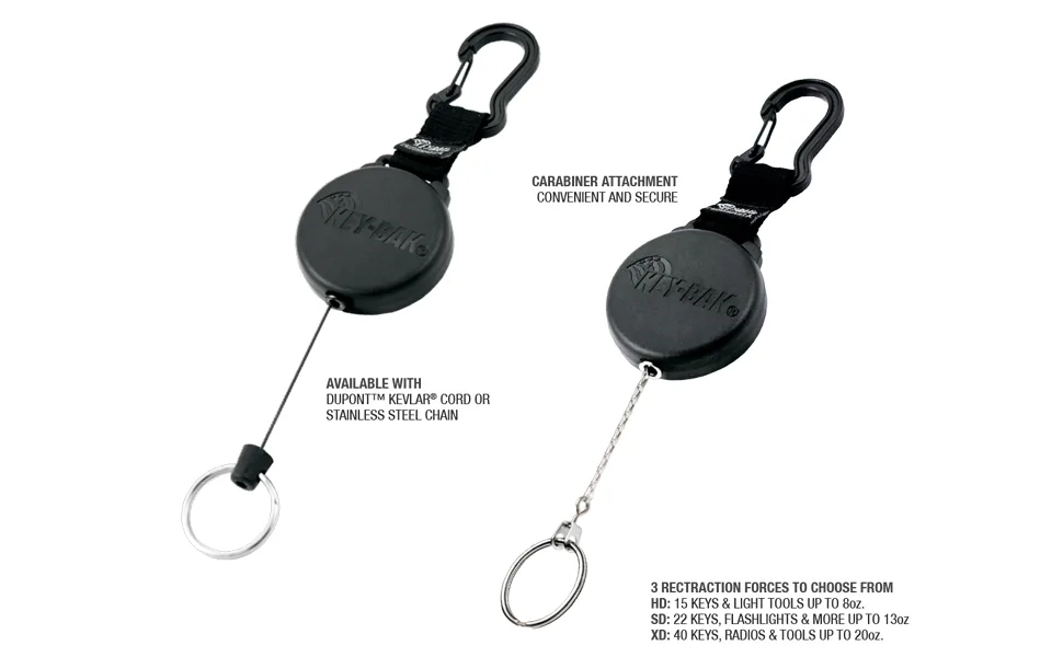 KEY-BAK 0488-603 SECURIT XD Retractable Key Holder, 28" Kevlar Cord, 20 oz. Retraction, Durable Polycarbonate Case, Zinc Alloy Carabiner, Split Ring, Black - Securit Details