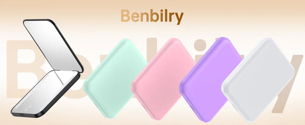 Benbilry Compact Mirror with Light USB Rechargeable Travel Makeup Mirror with 1X/3X Magnifying & 3 LED Colors Dimmable Magnetic Closing Memory Folding Pocket Mirror Gift for Women White - rechargeable mirror
