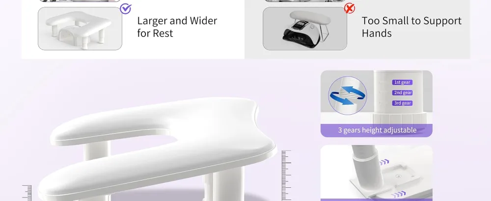 ZIZZON Height Adjustable U-shaped Arm Rest Manicure Nail Pillow Hand Rest Microfiber PU Leather Nail Cushion for Nails Tech - nail arm rest