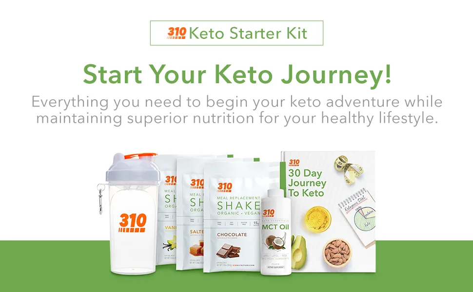 Keto Starter Kit by 310 Nutrition - Kit Includes Vegan Organic Meal Replacement Shake Sample Chocolate, Vanilla & Horchata, 2 oz MCT Oil, and Shaker Cup  Variety - Keto Starter Kit