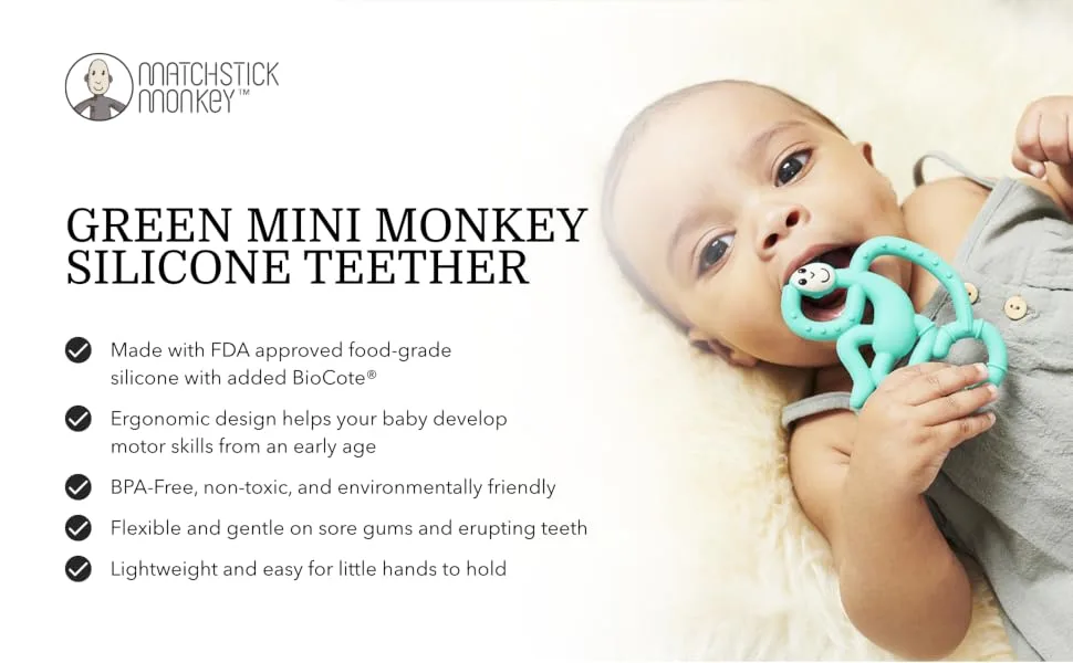 Matchstick Monkey Antimicrobial Silicone Teether Easy To Grip BPA Free 3 Months Old+ 10 cm Green Mini Monkey Green Monkey 3 Months Old+ 1 Mini Monkey Teether - MMTG