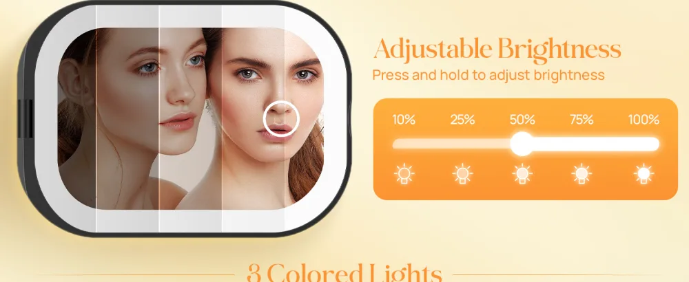 Gospire Lighted Travel Makeup Mirror With Light and Magnification 3X Magnification Rechargeable Small Mirror with Three-color Adjustable Light Led Mini Mirror for Purse - Black - adjustable brightness