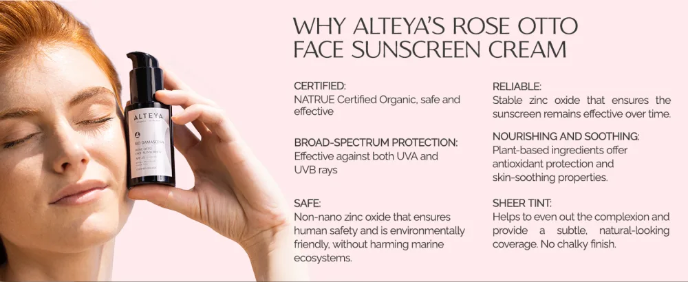 Alteya Organic Rose Otto Face Sunscreen Bio Damascena SPF25 50ml - Certified Organic - Broad spectrum - Sheer tint - face sunscreen cream