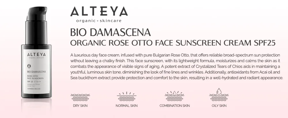 Alteya Organic Rose Otto Face Sunscreen Bio Damascena SPF25 50ml - Certified Organic - Broad spectrum - Sheer tint - sunscreen