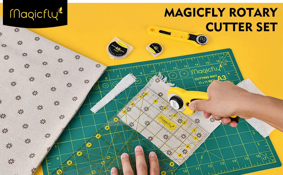 Magicfly Rotary Cutter Set Quilting Kit Including Fabric Cutter Wheel and Mat A3 Patchwork Ruler Carving Knife Replacement Cutter Blades for Fabric Sewing Quilting - product information 3