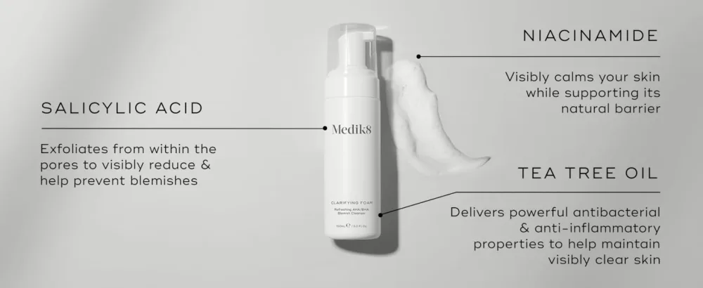 Medik8 Clarifying Foam - Refreshing AHA/BHA Blemish Cleanser - Hydrates & Smooths - For Blemish-Prone Skin - 150ml - Ingredients