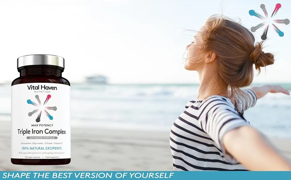 Complex Triple Action Formula - Iron Glycinate + Iron Citrate + Iron Gluconate and Non-Acid Vitamin C with Ginger for Maximum Absorption - Max Potency - Premium Ingredients - Vegan - Made in The UK - Triple Iron image