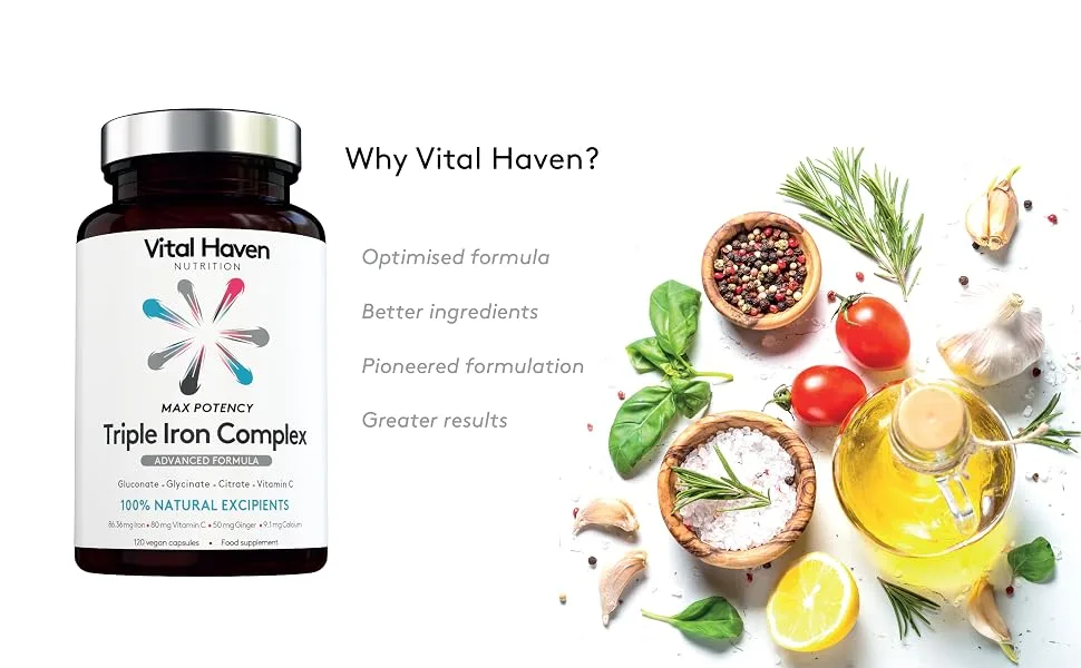 Complex Triple Action Formula - Iron Glycinate + Iron Citrate + Iron Gluconate and Non-Acid Vitamin C with Ginger for Maximum Absorption - Max Potency - Premium Ingredients - Vegan - Made in The UK - Why Vital Haven