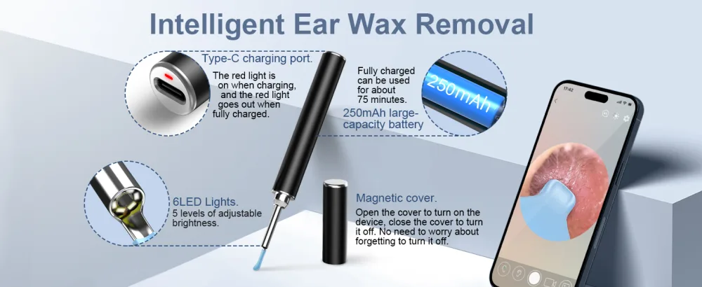 1296P HD ECleaner with Camer Earwax Remover Tool Visual Ear Remover Camera with 6 Silicon Ear Spoons Ear Cleaning Kit for iOS & Android (Black) Balck1 - product information 6