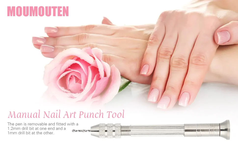 BORDSTRACT Manual Nail Art Punch Tool with 2 Drill Bits Nail Manicure Hand Dril for DIY Nail Piercing and Manicure Projects - Manual Nail Art Punch Tool