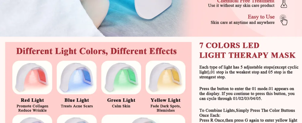 LED Face Light Therapy Mask: Spray LED Face Mask - Removable Design LED Mask Light Therapy With Near Infrared Light - 7 Colors - LED Mask LED Face Mask Red Light Therapy