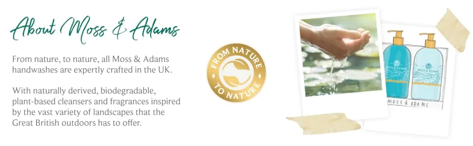 Moss & Adams Refreshing Antibacterial Vegan Handwash Windermere Lake Cedarwood 500ml - About Moss & Adams