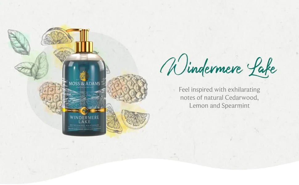 Moss & Adams Refreshing Antibacterial Vegan Handwash Windermere Lake Cedarwood 500ml - Windermere Lake