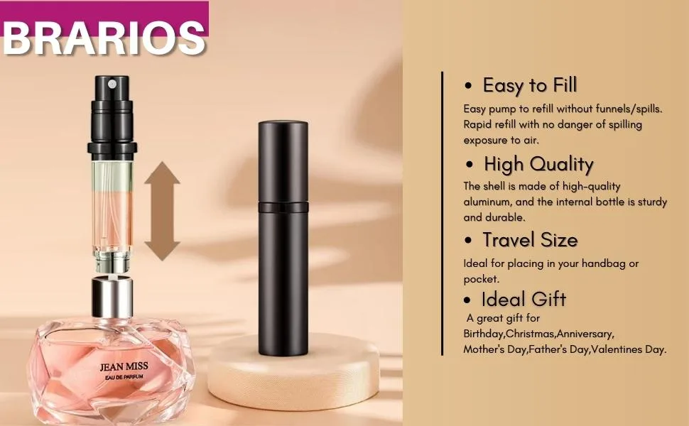 BRARIOS Perfume Atomiser Refillable Travel Size Portable Atomiser Spray Mini Empty Perfume Bottle Leak Proof Cologne Dispenser for Women and Men 5ml(J-Black) Black02 - product information 9