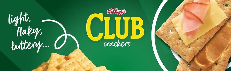 Kelloggs Club Cracker Crisps, Baked Snack Crackers, Party Snacks, Ranch, 7.1oz Bag (1 Bag) - Club crackers logo and light flaky buttery text with crackers topped by ham cheese and peanut butter
